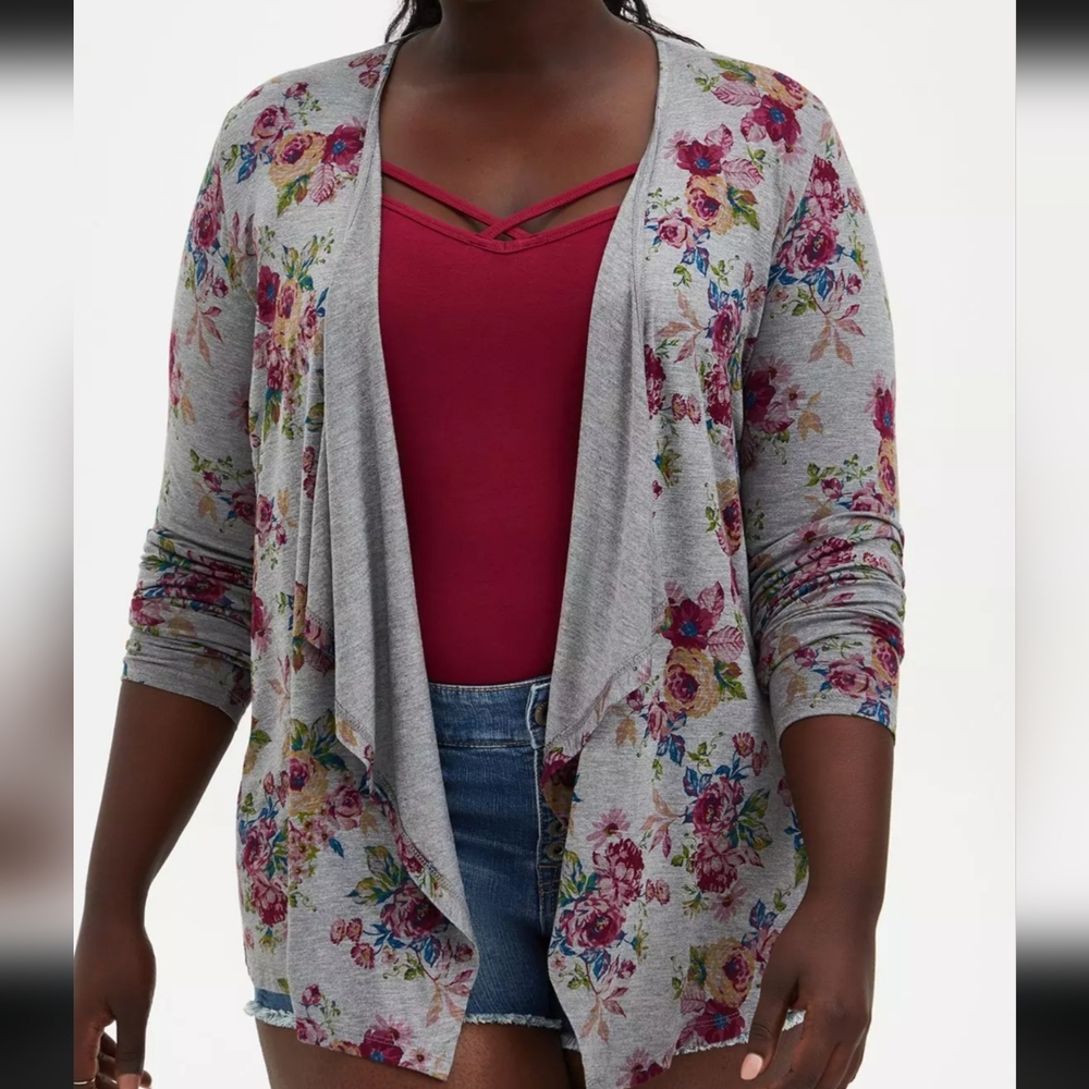 Torrid 2 2X 18/20 Gray Floral Long Sleeve Super Soft Slub Knit Open Cardigan